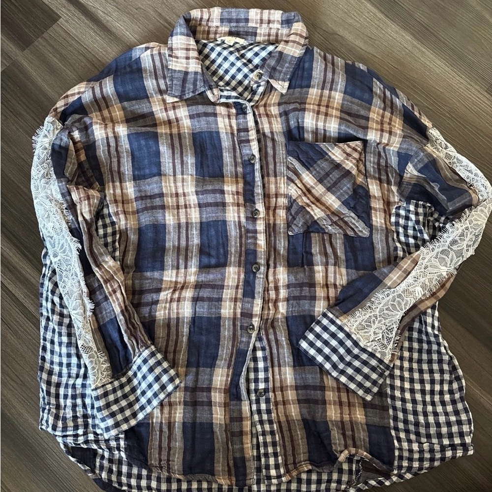 Plaid Button-Up Shirt with Lace Trim - Blue & Brown